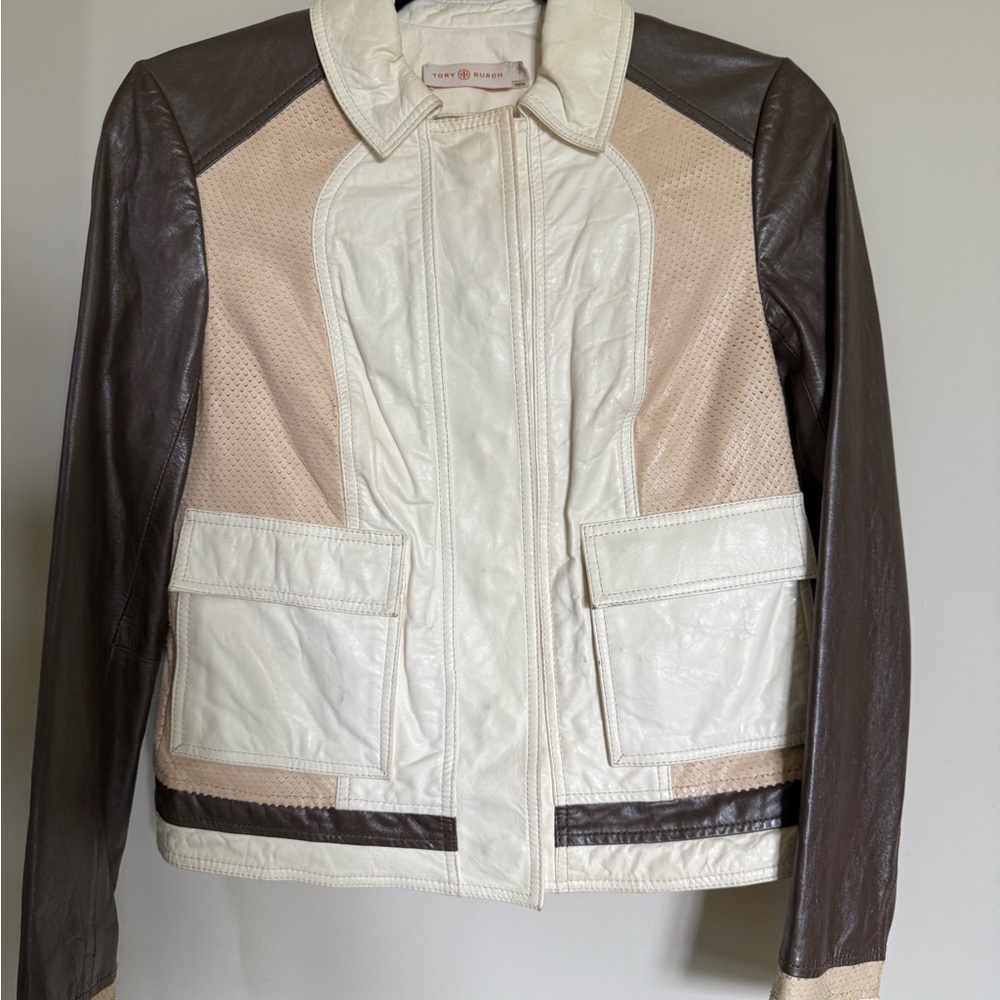 Tory Burch Leather Jacket in Cream and Brown